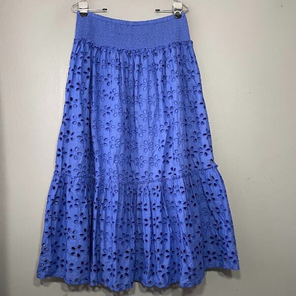 Jennifer & Grace Tiered Peasant Skirt Size Large Blue Boho Embroidered Eyelet - Picture 4 of 8